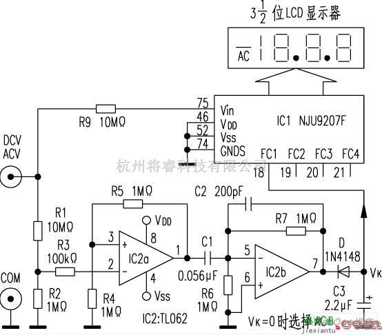 数字万用表电路中的万用表AC/DC自动转换电路图  第1张