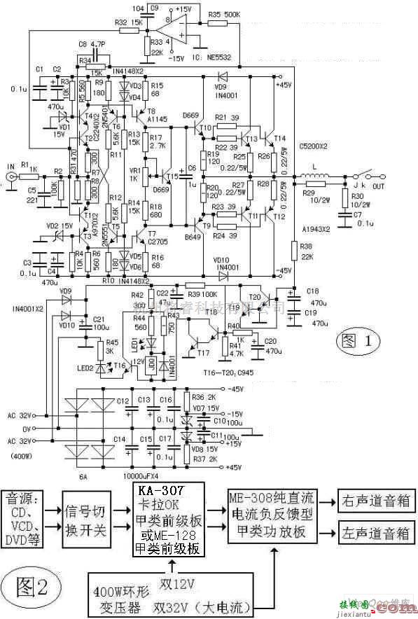 分立元件放大中的美顺ME-308纯直流电流负反馈型甲类功放电路图  第1张