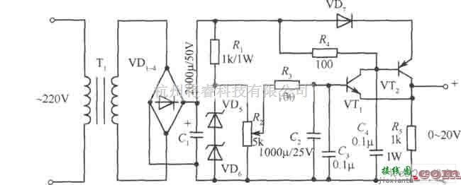 稳压电源中的0～20v、1A稳压电源电路图  第1张