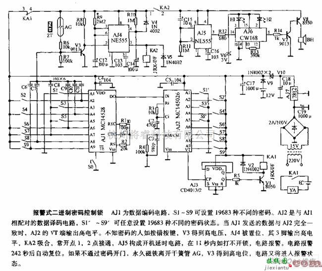 报警控制中的报警式二进制密码控制锁电路图  第1张