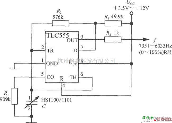 温度传感电路中的湿度传感器线性频率输出式相对湿度测量电路图  第1张
