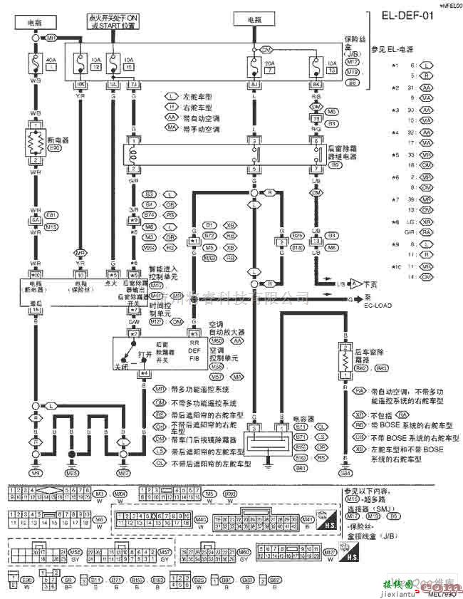 日产中的天籁A33-EL后窗除霜器电路图一  第1张