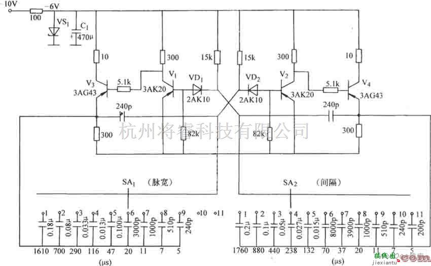 脉冲信号产生器中的关于脉冲宽度分档调节的无稳态电路图  第1张