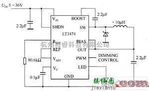 LED电路中的LT3474驱动白光LED电路图  第1张