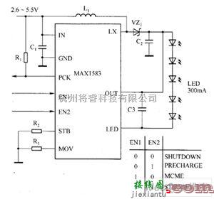 LED电路中的MAX1583驱动白光LED电路图  第1张