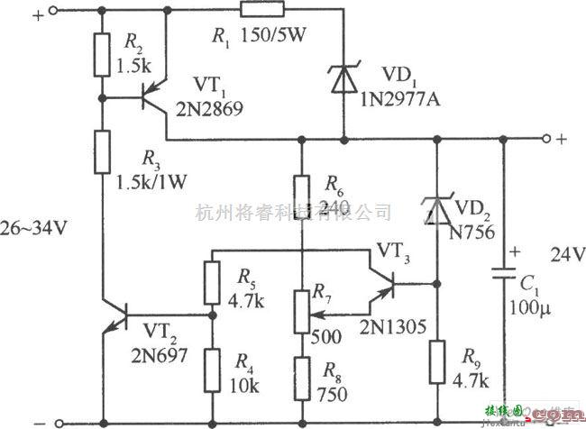 稳压电源中的24V防短路稳压电源电路图  第1张