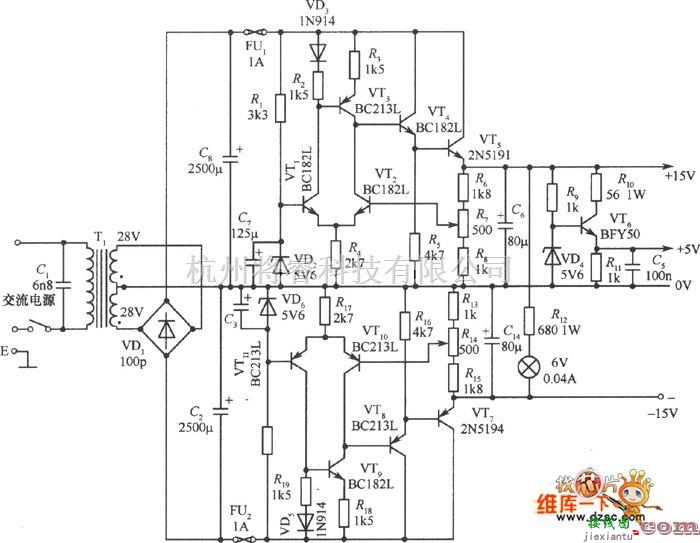 稳压电源中的常用的±15V、5V三种输出稳压电源电路原理图  第1张