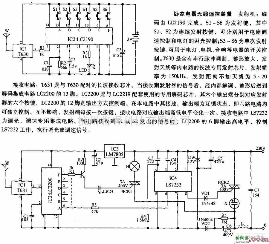 遥控电路（综合)中的卧室电器无线遥控装置电路图  第1张