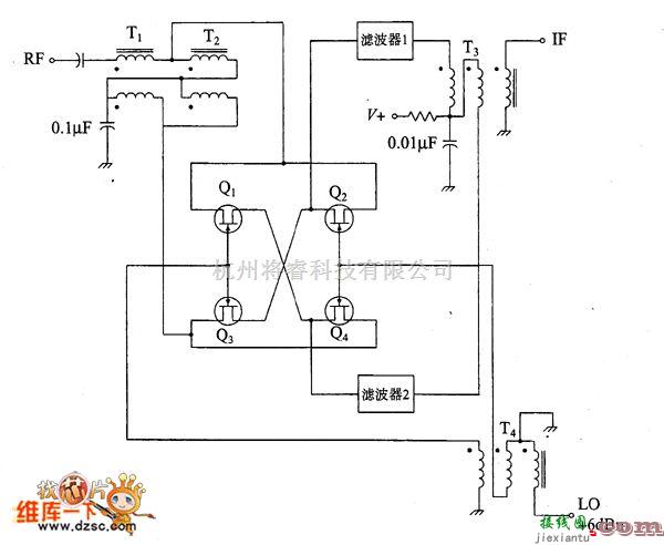 频率合成器中的JFET双平衡混频器电路图  第1张