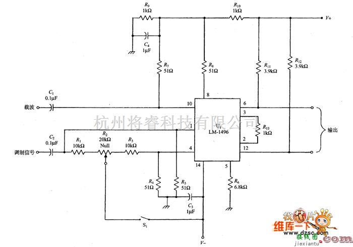 调节/测量放大电路中的基于LM-1496的SSB调制器电路图  第1张