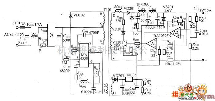 电源电路中的设计输出为SV／15A的电源电路图  第1张