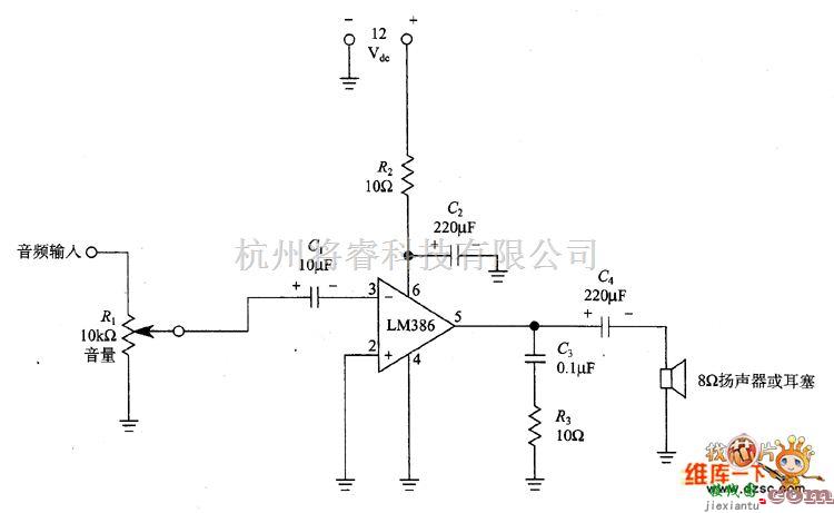 集成音频放大中的使用LM-386的音频功率放大级电路图  第1张