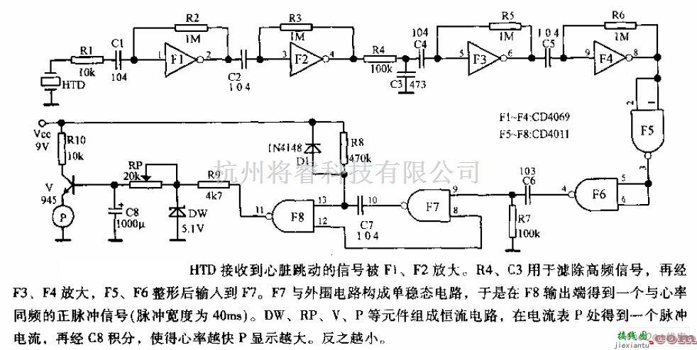 仪器仪表中的微型心律测试器电路图  第1张