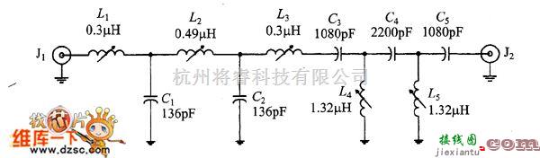 滤波器电路中的一个由低通和高通滤波器串联而成的2～33MHz的带通滤波器电路图  第1张