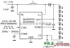 LED电路中的MAX8595Z／MAX8596Z驱动白光LED电路图  第1张