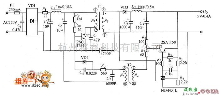 开关稳压电源中的输出为5V／0.4A的小功率开关电源电路图  第1张