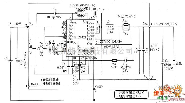 电源电路中的BIC1421构成的直流-直流变换器电路图  第1张