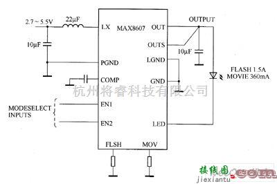 LED电路中的MAX8607驱动白光LED电路图  第1张