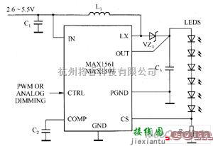 LED电路中的MAX1561／MAX1599驱动白光LED电路图  第1张