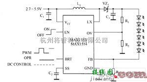 LED电路中的MAX1553／MAX1554驱动白光LED电路图  第1张