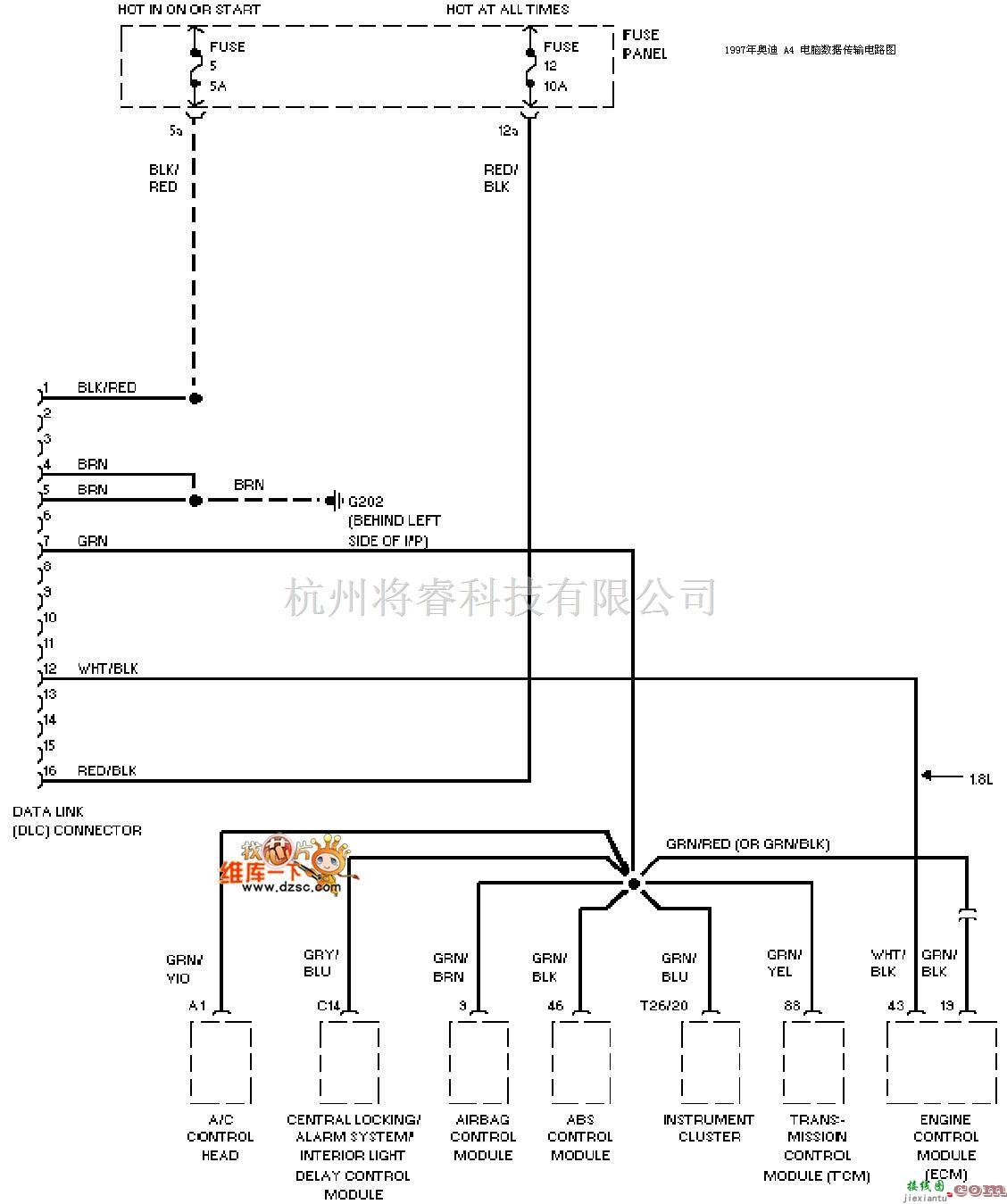 奥迪中的奥迪A4-97电脑数据传输电路图  第1张