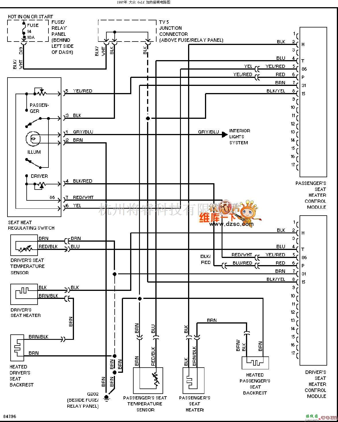 大众（一汽）中的97大众GOLF加热座椅电路图  第1张