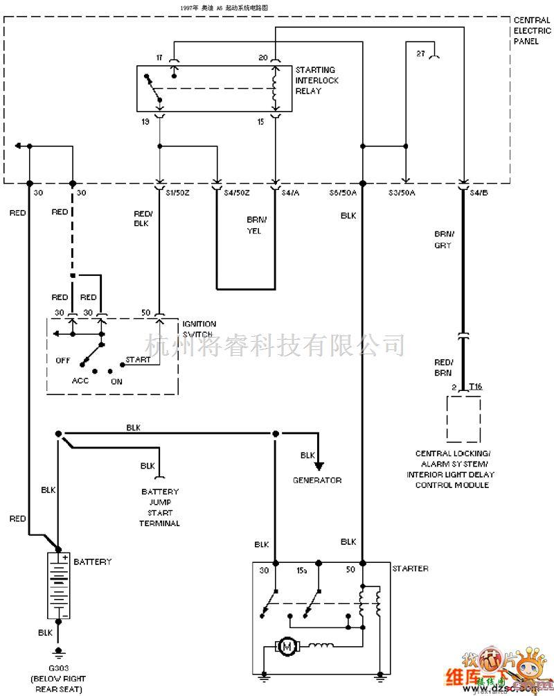 奥迪中的1997奥迪 A6 起动系统电路图  第1张