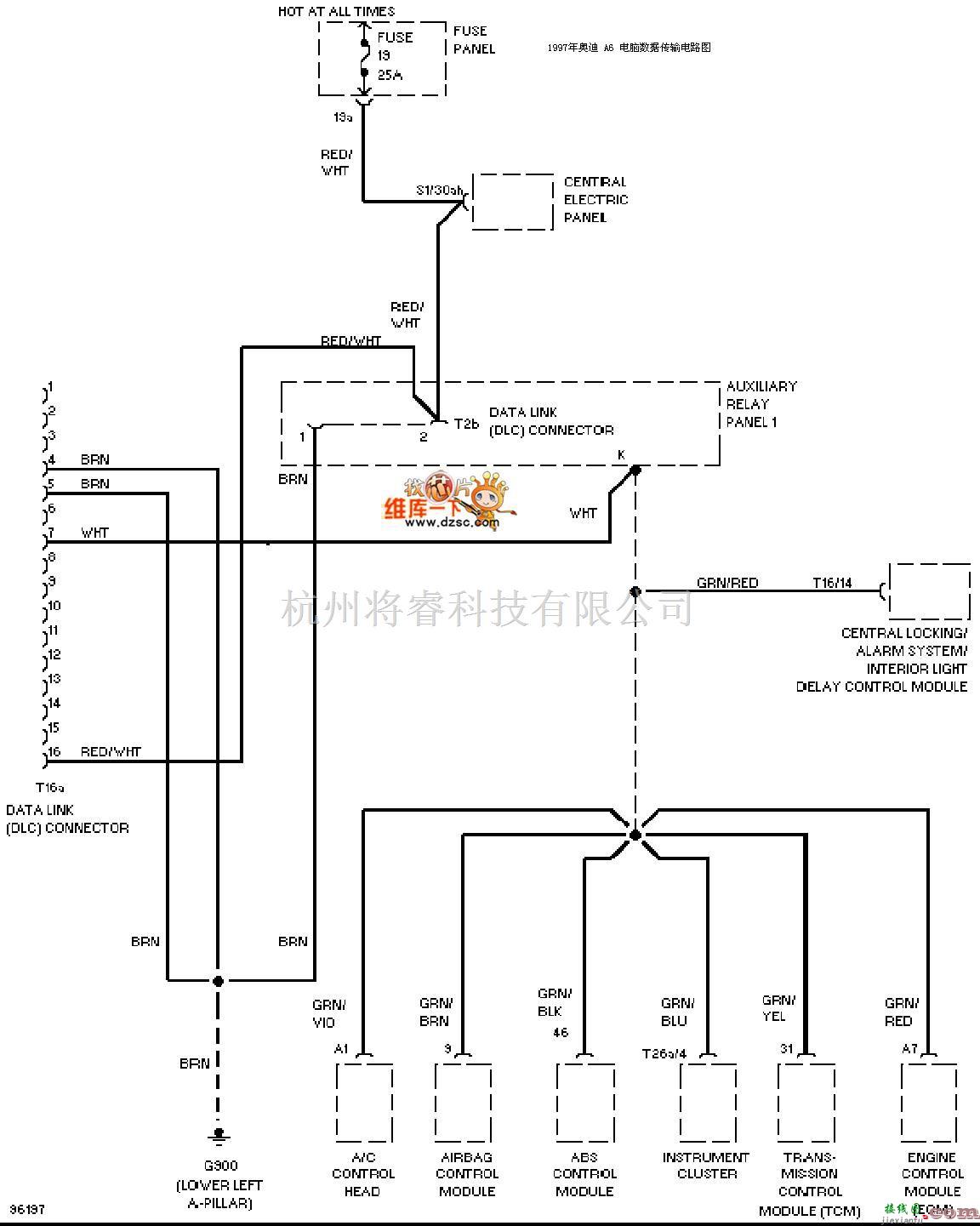 奥迪中的1997奥迪 A6 电脑数据传输电路图  第1张