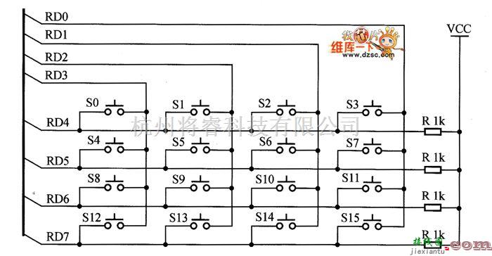 综合电路中的4×4行列式键盘的电路图  第1张