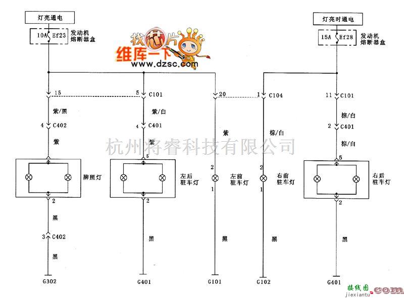 别克中的上海凯越驻车灯、尾灯和牌照灯电路图  第1张