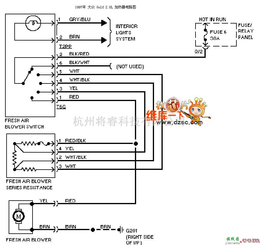 大众（一汽）中的97大众GOLF2.0L 加热器电路图  第1张