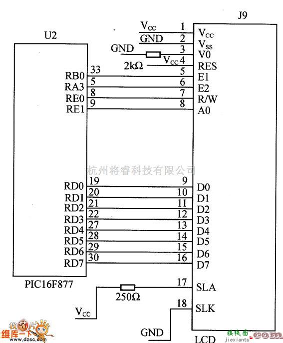 接口电路中的液晶与PIC16F877的接口电路图  第1张