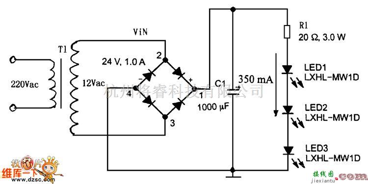 LED电路中的交流电源供电的大电流LED驱动电路图  第1张