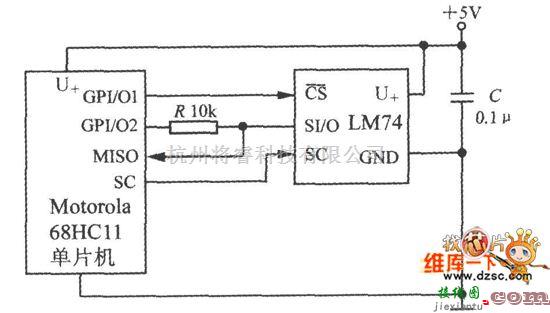 传感器单片系统应用方案中的智能温度传感器LM74构成68HC11型单片机电路图  第1张