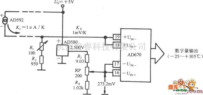 集成电流传感器、变送器中的高精度的电流输出式集成温度传感器AD592配A／D转换器电路图  第1张