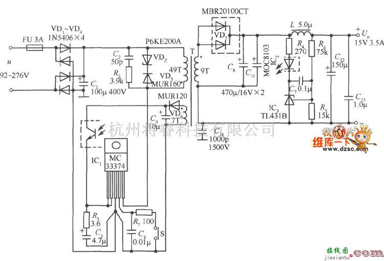 开关稳压电源中的由MC33374T／TV组成的15V／3.5A 52W开关电源电路图  第1张