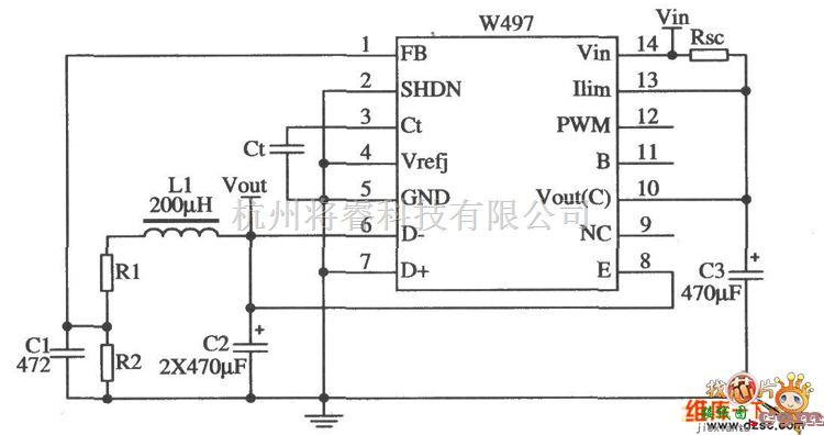 开关稳压电源中的一种采用W497构成的降压型开关稳压器电路图  第1张