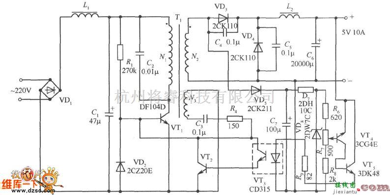 电源电路中的单端正激变换式开关稳压电源电路图  第1张