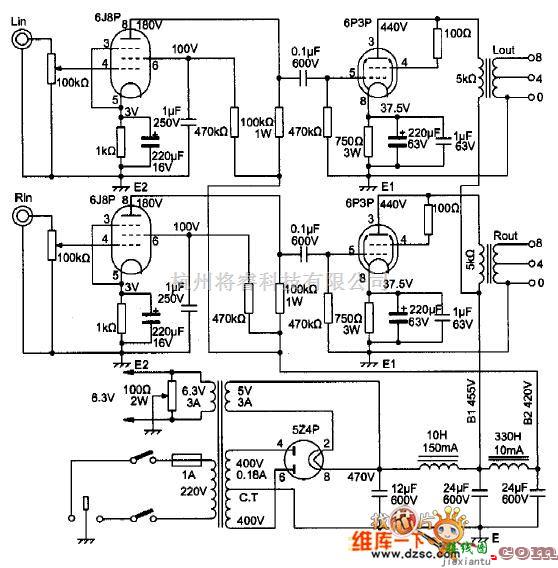 电子管功放中的6P3P三极管接法甲类单端功放总电路图  第1张