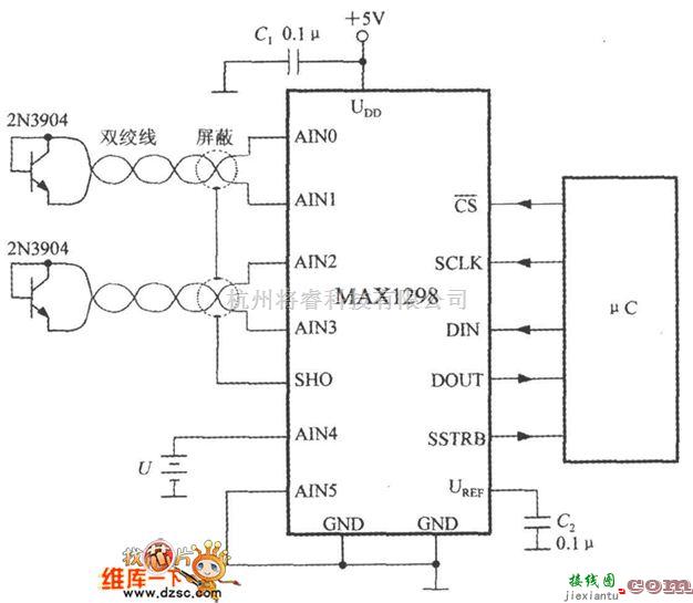 温度传感电路中的MAX1298构成温度／电压监测系统的电路图  第1张