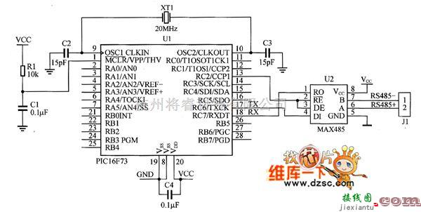 接口电路中的PIC16F73与MAX485接口的电路原理图如图  第1张