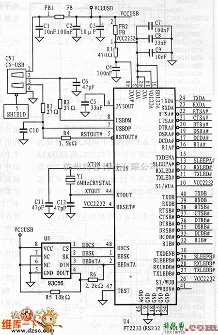 接口电路中的USB到双口串口转换的配置电路图  第1张