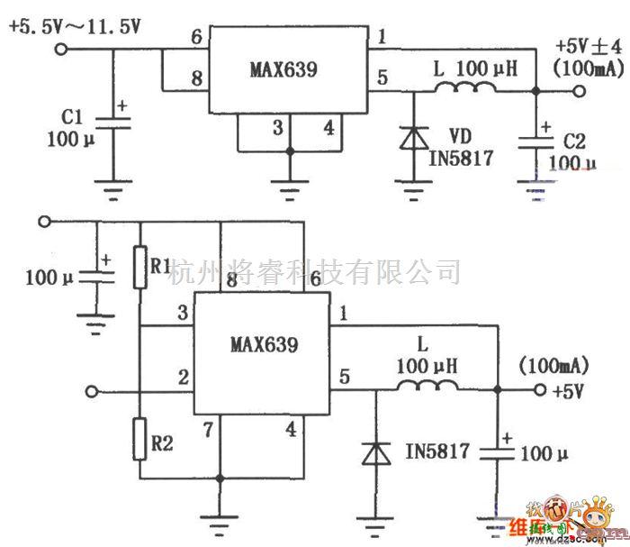 开关稳压电源中的固定／可调输出的MAX639系列多功能开关集成稳压器电路图  第1张