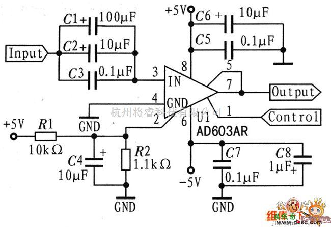 增益可调放大电路中的AD603电压增益控制电路图  第1张