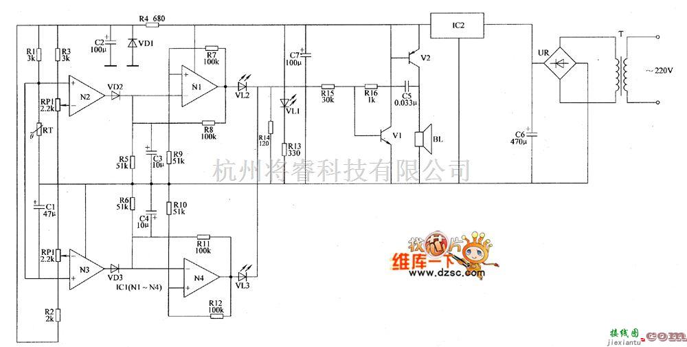 温度/湿度控制[农业]中的双限温度报警器电路图二  第1张