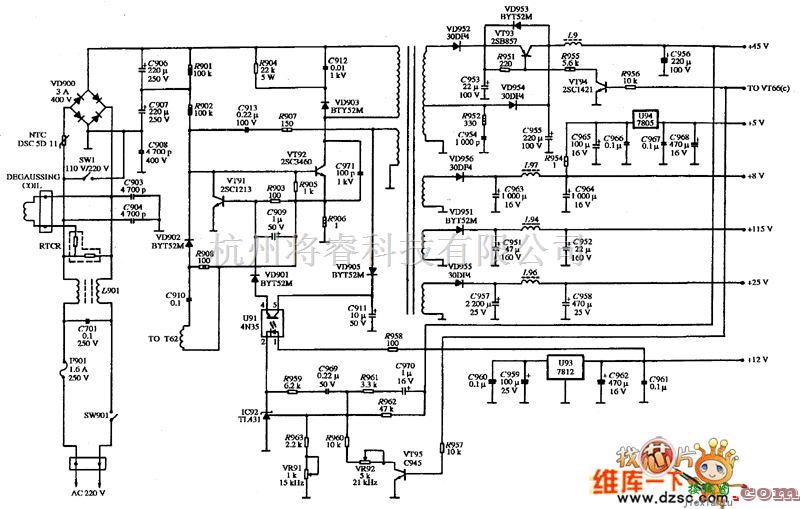 电源电路中的42、DATAS HC-7424P型彩色显示器的电源电路图  第1张