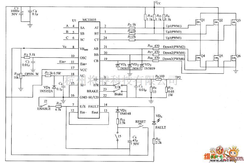 三相信号产生中的三相永磁无刷直流电机MC33035控制系统电路图  第1张