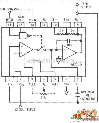 采样保持放大电路中的AD585增益=+1时的有效采样保持电路图  第1张