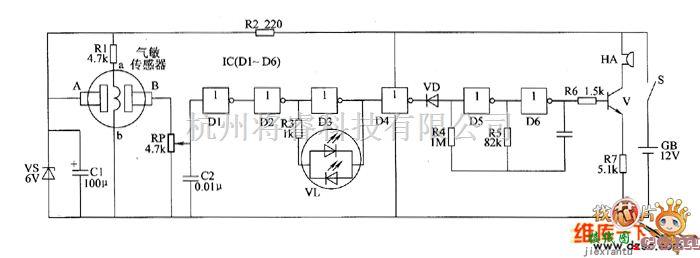 报警控制中的沼气泄漏报警器电路图  第1张
