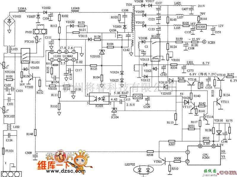 电源电路中的彩显开关电源(UC3842)电路图  第1张